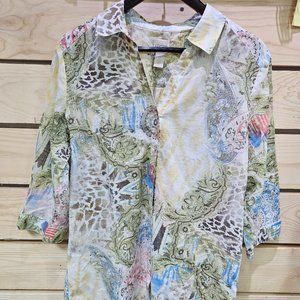 EUC Chico's 100% Cotton MOP Button Down Blouse 3/4 Sleeve Deep V Size 2 Large